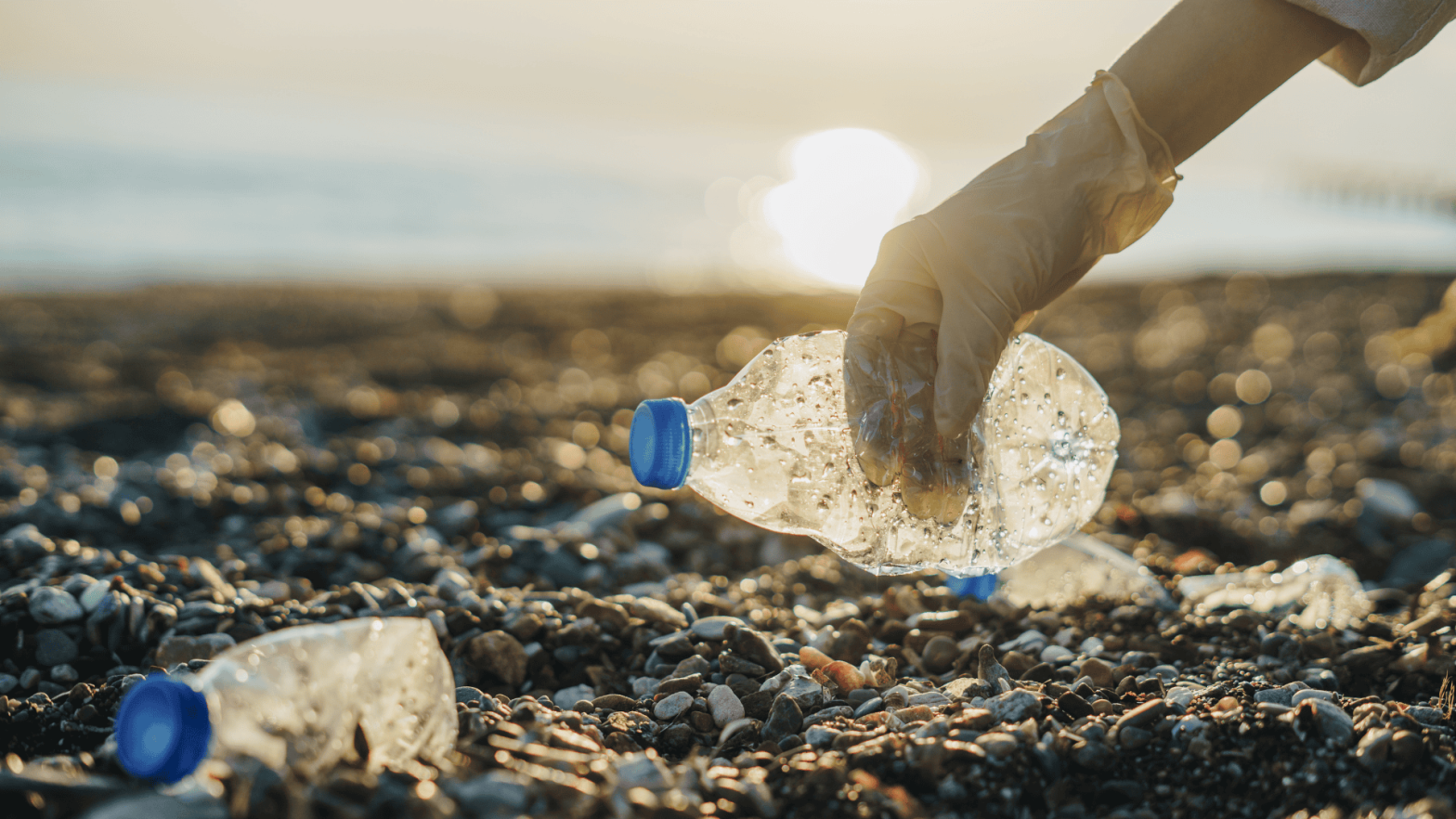 A close-up shot of a person wearing a glove picking up a plastic bottle from a beach covered with pebbles. The background features a blurred sunset over the ocean, emphasising the issue of plastic pollution in coastal areas.