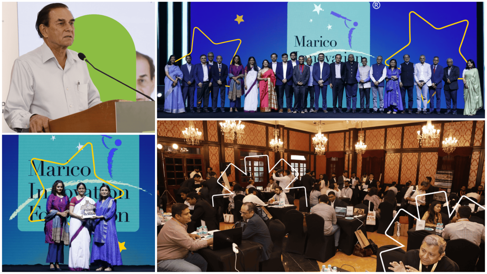 "A series of images from the Marico Innovation Foundation's InnoWin Day event and Indian Innovation Icons 2025. The top left shows a speaker at the podium, with an audience in the background. The top right features a group of people standing on stage at the Indian Innovation Icons 2025 ceremony, celebrating with the Marico Innovation Foundation backdrop. The bottom images depict attendees engaged in networking and meetings during the event, with professionals discussing and interacting at tables in an elegant, chandelier-lit room