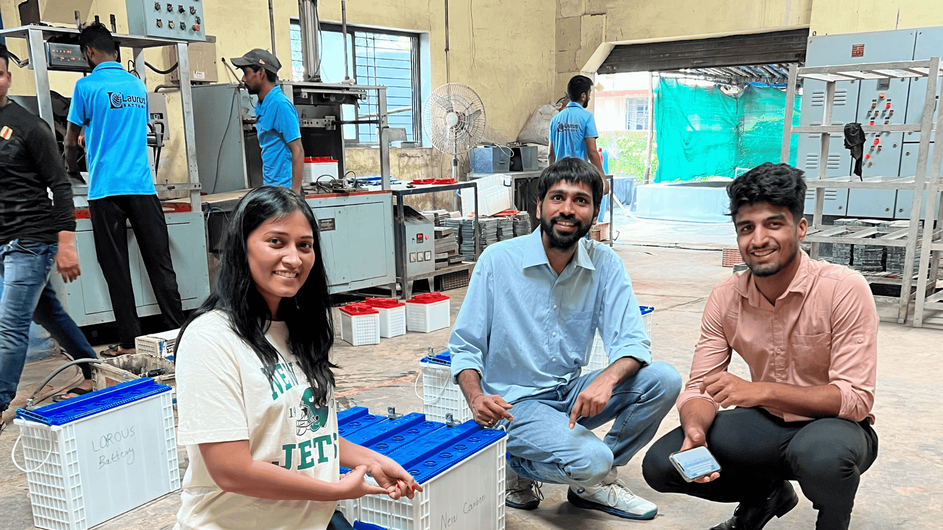 Cancrie team members at a battery assembly unit, showcasing their coconut shell-based battery technology, part of MIF Scale-up program.