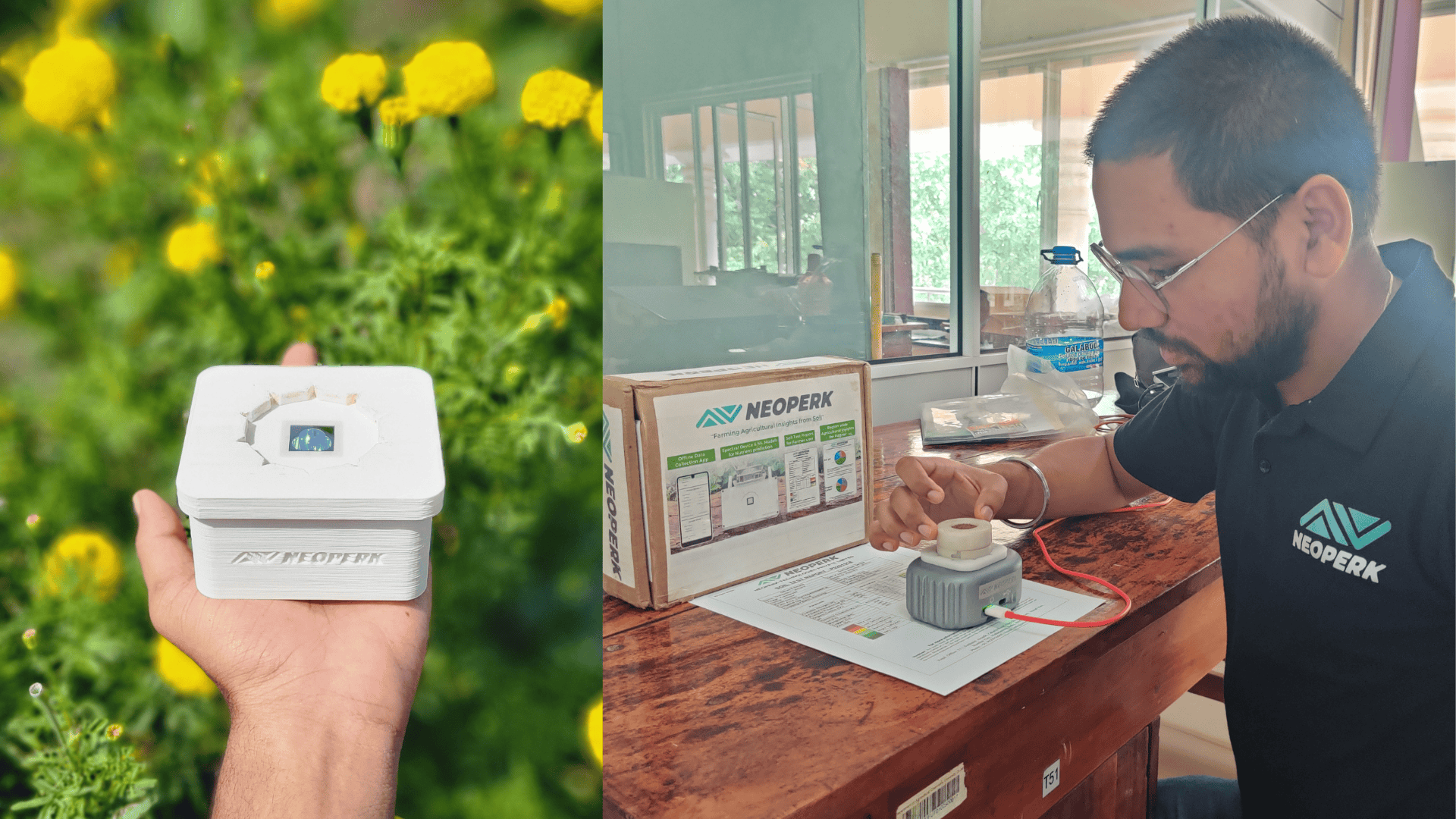 Neoperk team member demonstrating a soil testing device in a lab, part of the Scale-Up program by Marico Innovation Foundation