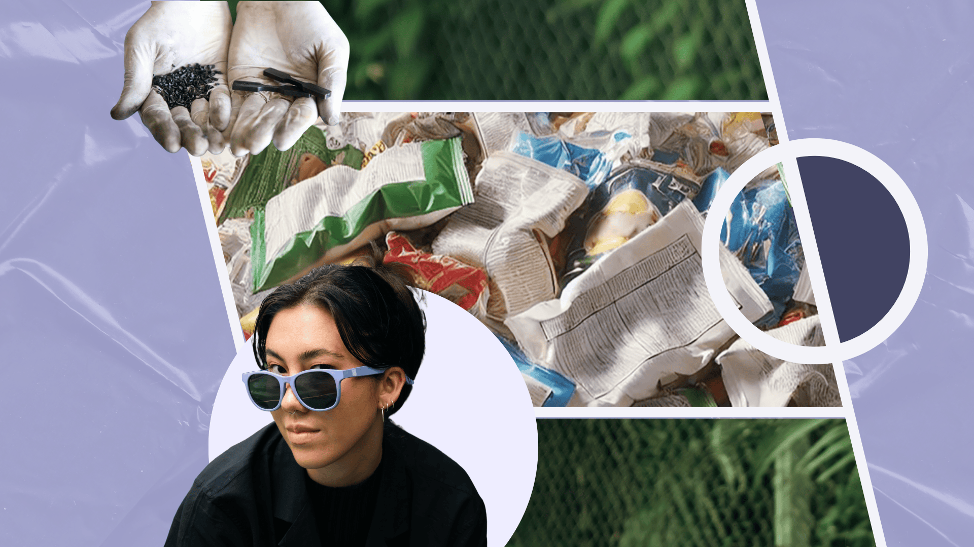 A collage-style image featuring a person wearing recycled sunglasses made from MLP (multi-layer plastic) waste. The background includes images of discarded snack wrappers, plastic pellets in a pair of gloved hands, and a pie chart element. Highlights a startup from Marico Innovation Foundation’s Scale-Up accelerator that turns plastic waste into consumer products like sunglasses.