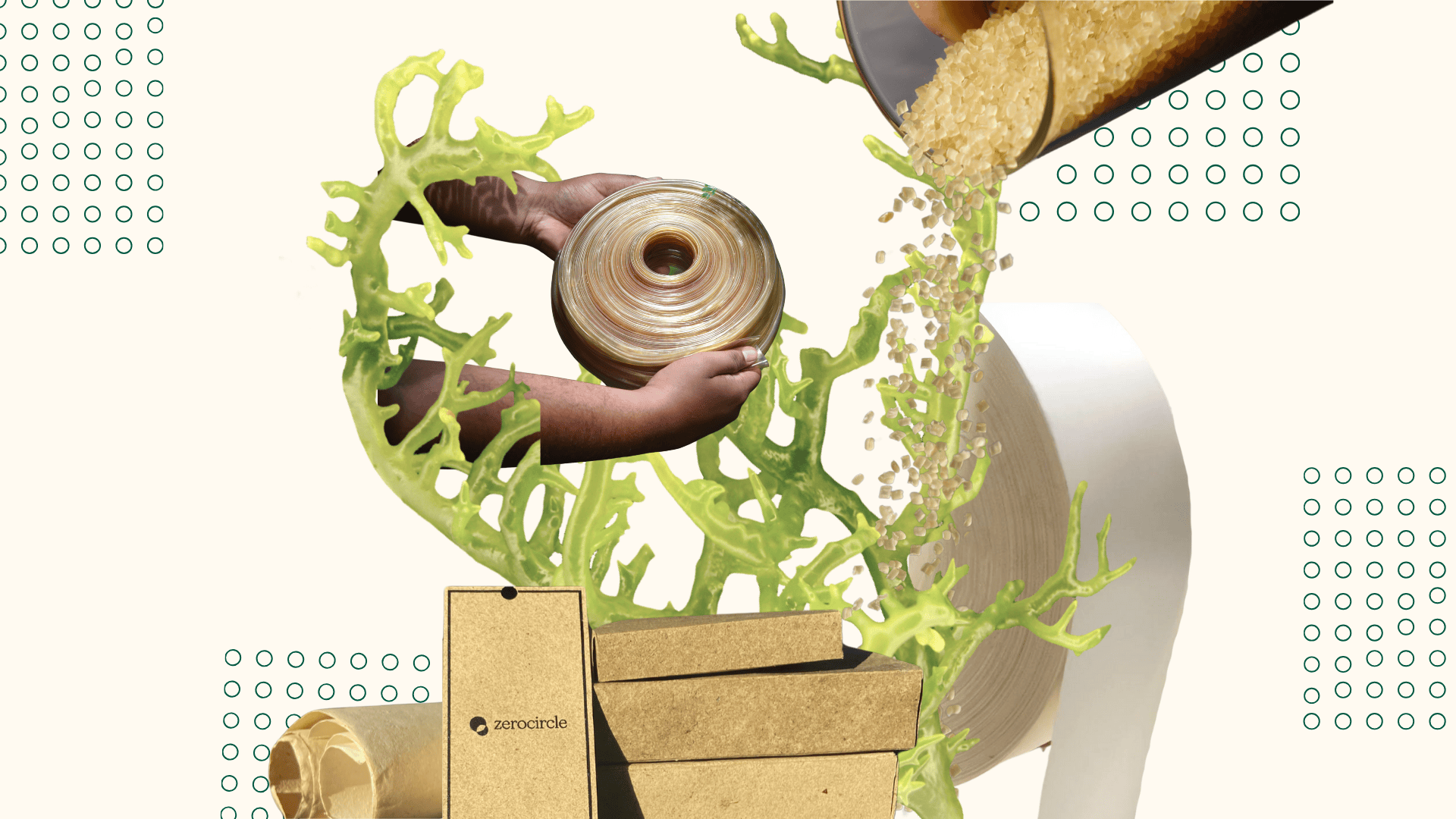 A collage showcasing Neha Jain's Zerocircle seaweed-based packaging innovation, featuring hands holding a roll of transparent film, biodegradable packaging with the Zerocircle logo, and green seaweed elements illustrating sustainable alternatives to plastic