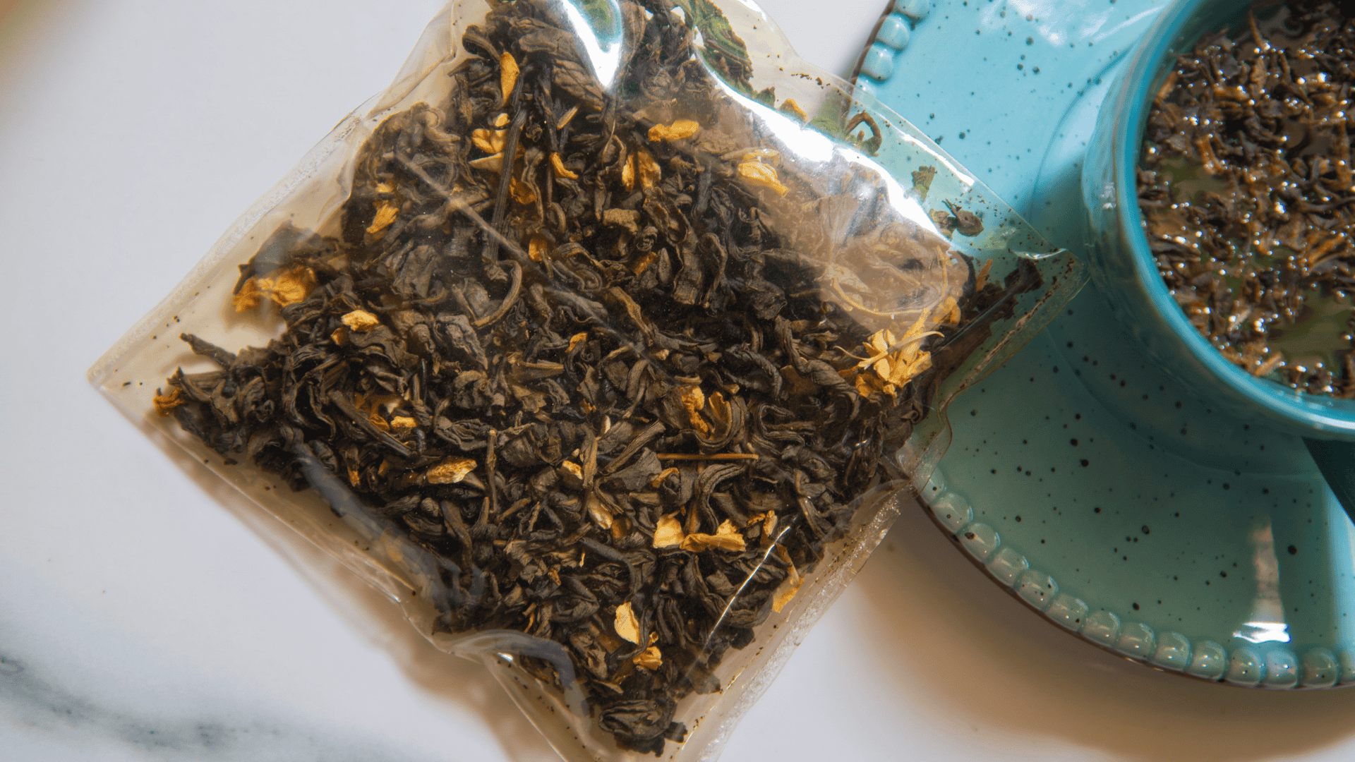 Close-up of tea leaves in a seaweed-based pouch by Zerocircle, a biodegradable packaging startup supported by Scale-Up, the no-equity accelerator by Marico Innovation Foundation.