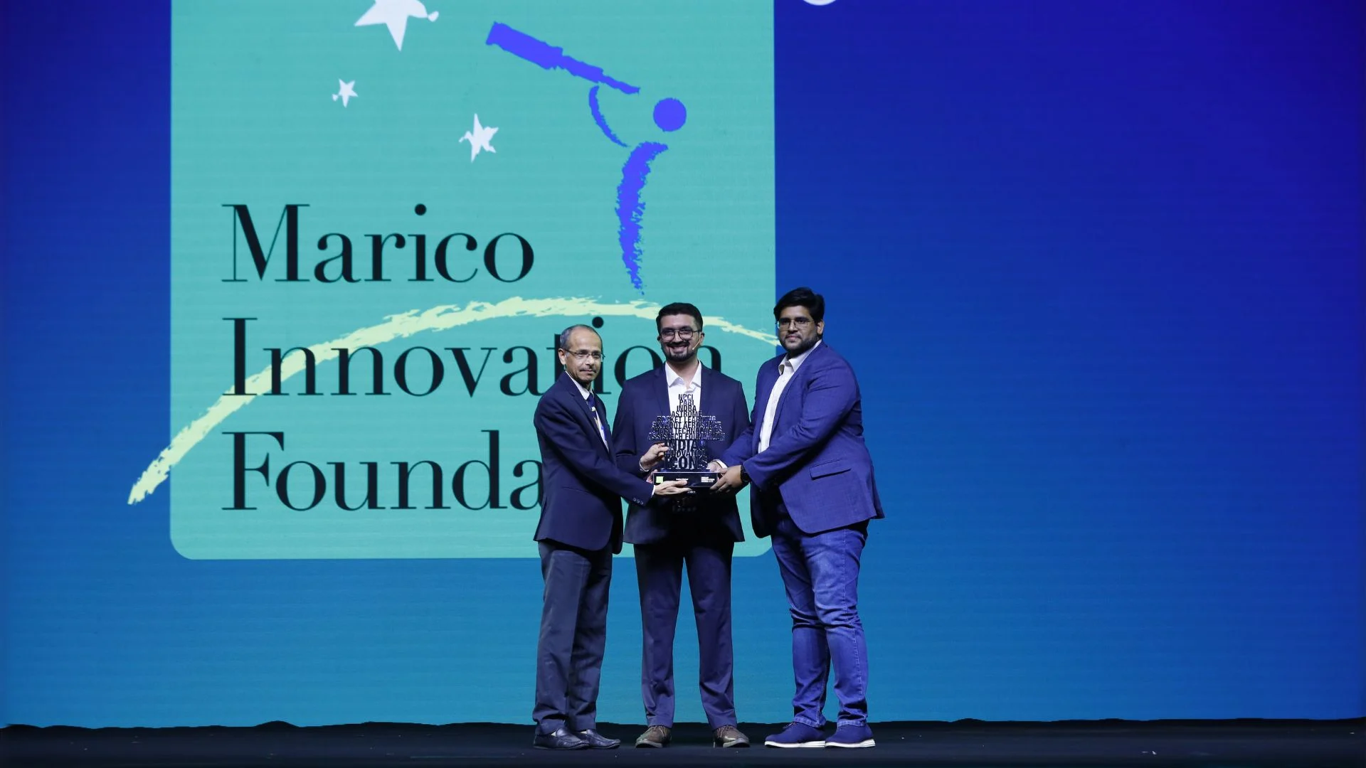 Indra Water founders receiving the Indian Innovation Icons 2025 award (Business Category) from Marico Innovation Foundation for their breakthrough decentralised wastewater treatment solution.