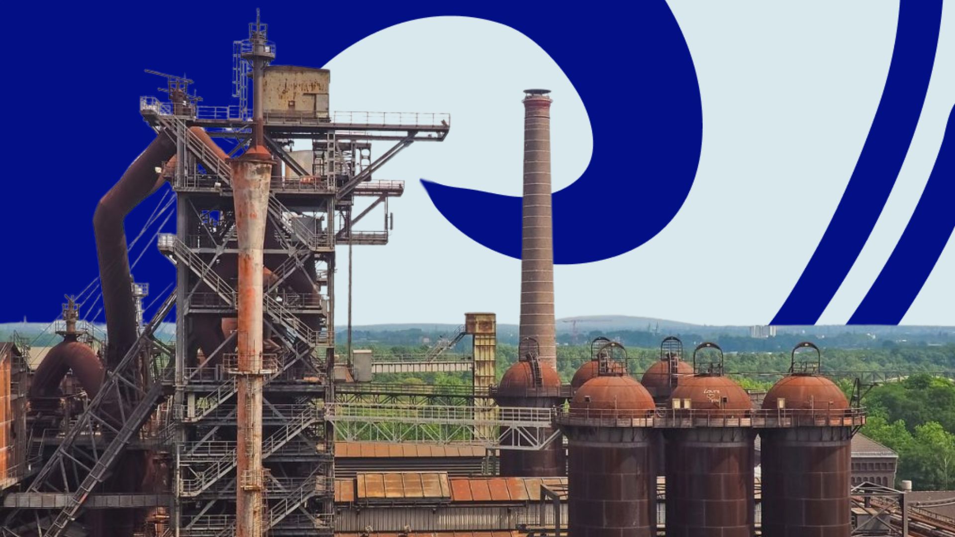 An industrial facility set against a stylized graphic backdrop. The image represents Caliche's Biological Carbon Capture Technology, part of the MIF Scale-Up program.