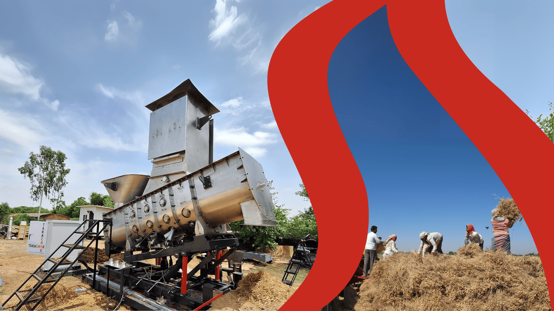 Takachar’s portable agri-tech machine in a rural field setting. The start-up is supported by the Marico Innovation Foundation Scale-Up Program.