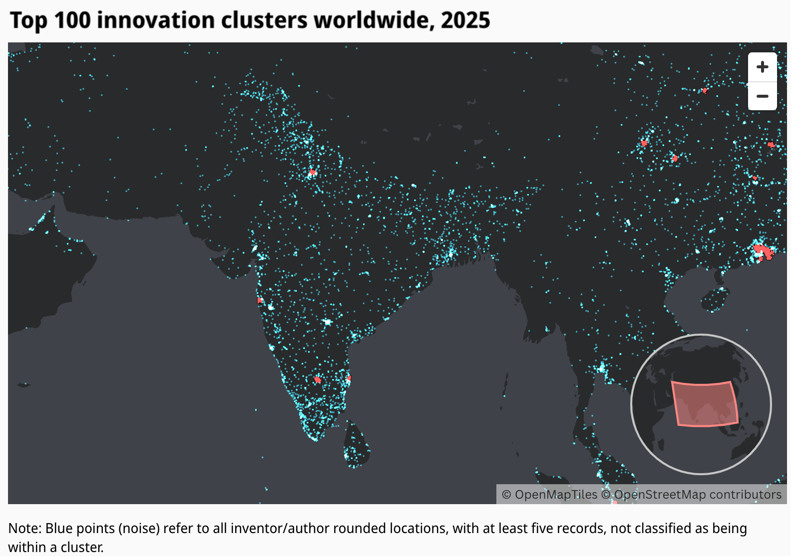 A dark-themed world map centered on South Asia shows the top 100 innovation clusters for 2025. India is covered with many small cyan dots representing inventor/author locations, while several bright red clusters indicate major innovation hubs in other regions. Source: WIPO Statistics Database, May 2025.