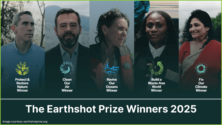This image includes portrait photos of all the 2025 winners of Earthshot prize.