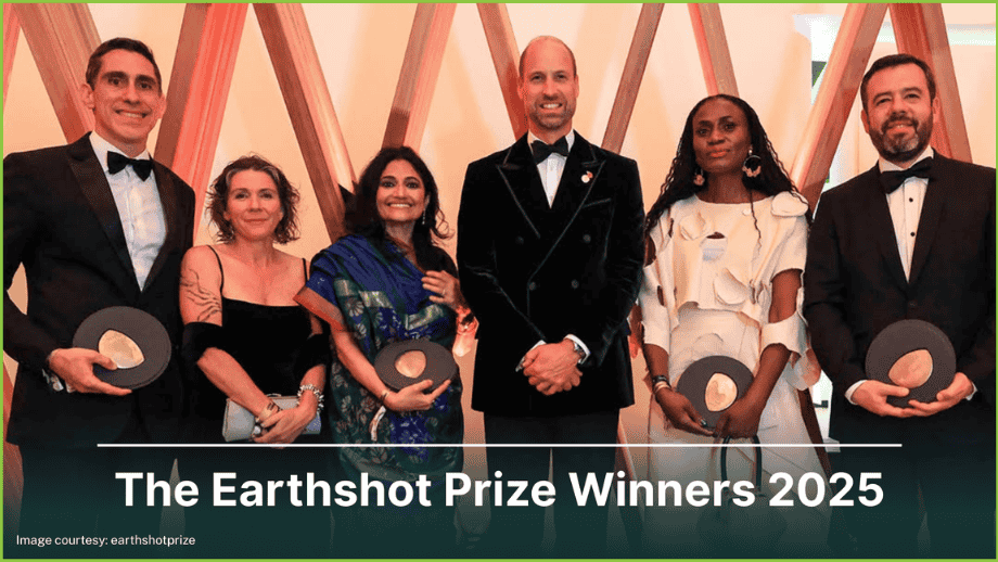 Group photo of the Earthshot Prize Winners 2025 standing together at an awards event, holding their trophies, with the title ‘The Earthshot Prize Winners 2025’ at the bottom.