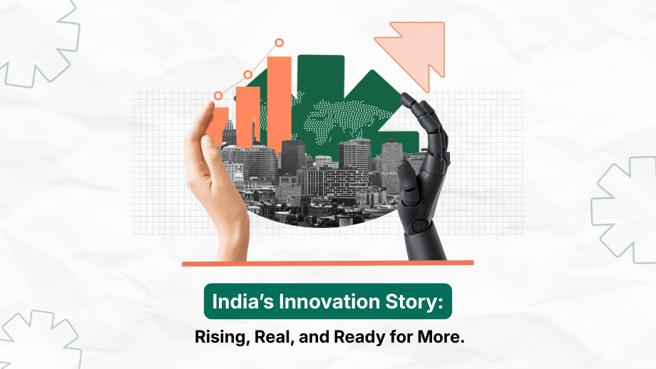 A graphic illustrating India&rsquo;s innovation ecosystem, featuring a human hand and a robotic hand framing a city skyline with upward-moving charts and arrows. A map of India appears in the background, symbolizing progress highlighted in the Global Innovation Index 2025.