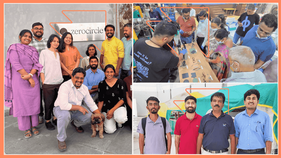 Team members from startups Zerocircle, Padcare Labs and Without by Ashaya, during mentoring sessions under Marico Innovation Foundation’s Scale-Up program. The collage shows founders and teams interacting in lab and field settings, reflecting MIF’s no-equity, bespoke mentorship approach for sustainable innovation.
