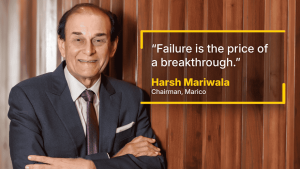 Harsh Mariwala standing with folded arms beside a quote reading, “Failure is the price of a breakthrough.”