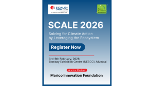 SCALE 2026 event poster on climate action, with registration details and Marico Innovation Foundation as anchor partner.