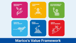 Marico&rsquo;s Value Framework shown through six icons: Responsible Growth, Consumer First, Accountability, Agility, Bold Ambition, and Grow with Members