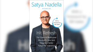 Book cover of Hit Refresh by Satya Nadella, featuring a portrait of Microsoft’s CEO
