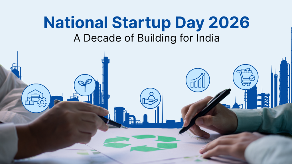 National Startup Day 2026 banner showing collaboration, sustainability, and innovation, with the text &lsquo;A Decade of Building for India&rsquo;