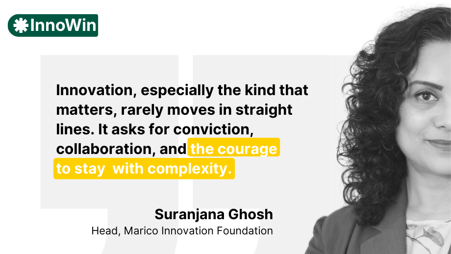 Black-and-white portrait of Suranjana Ghosh with a highlighted quote on innovation and patience, featuring InnoWin branding