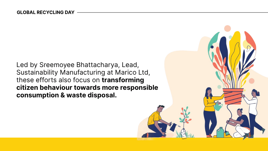 Illustration of people nurturing a plant, representing efforts to promote responsible consumption and waste practices.