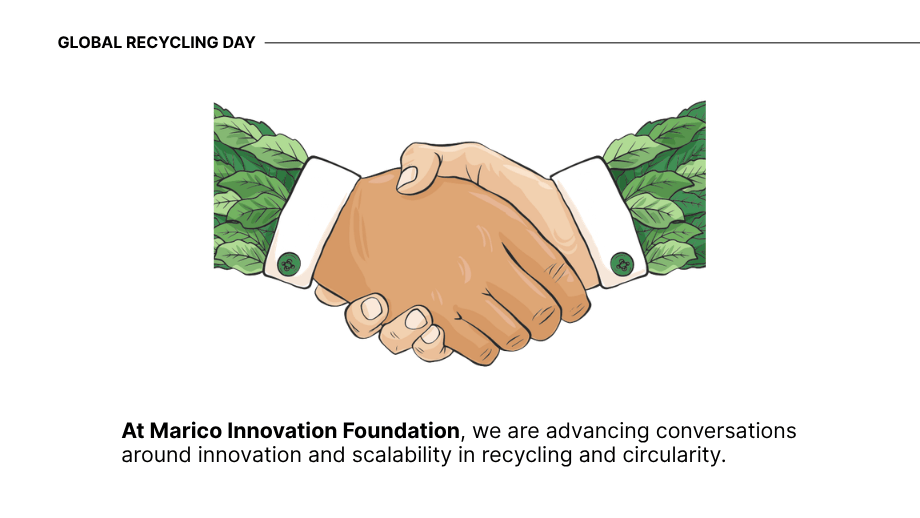 Illustration of two hands shaking with green leaves, symbolising collaboration in recycling and circular innovation.