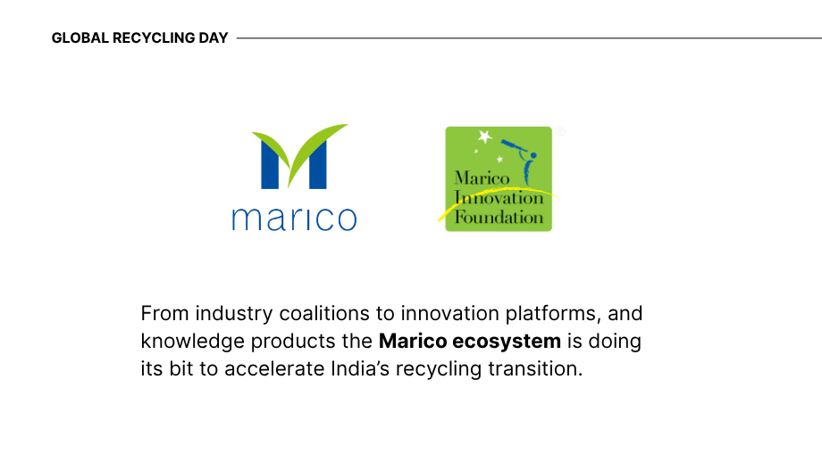 Logos of Marico and Marico Innovation Foundation with text describing their efforts to support India&rsquo;s recycling transition through coalitions, innovation, and knowledge products.