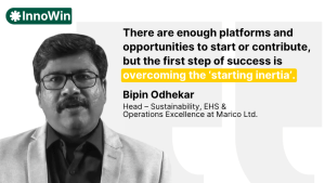 Quote card featuring Bipin Odhekar: "The first step of success is overcoming the 'starting inertia'."