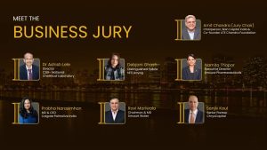 Graphic titled "Meet the Business Jury" for the Indian Innovation Icons 2027, featuring portraits of seven industry leaders: Amit Chandra (Jury Chair), Dr. Ashish Lele, Debjani Ghosh, Namita Thapar, Prabha Narasimhan, Ravi Mariwala, and Sanjiv Kaul, set against a nighttime city skyline.