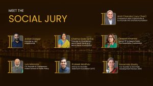 Graphic titled "Meet the Social Jury" for the Indian Innovation Icons 2027, featuring portraits of seven industry leaders: Amit Chandra (Jury Chair), Aniket Doegar, Chetna Gala Sinha, Deepali Khanna, Luis Miranda, Prateek Madhav, and Smarinita Shetty, set against a nighttime city skyline.