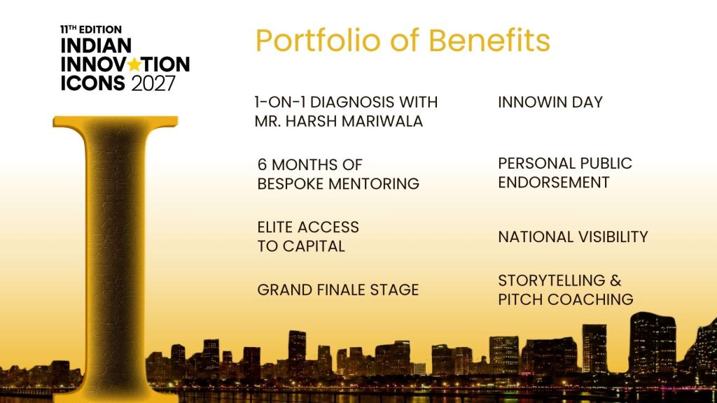 Graphic for the 11th Edition Indian Innovation Icons 2027 outlining the "Portfolio of Benefits" against a golden cityscape. The listed perks include 1-on-1 diagnosis with Mr. Harsh Mariwala, 6 months of bespoke mentoring, elite access to capital, grand finale stage, InnoWin Day, personal public endorsement, national visibility, and storytelling & pitch coaching.