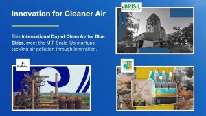 A blue informational graphic titled "Innovation for Cleaner Air" stating, "This International Day of Clean Air for Blue Skies, meet the MIF Scale-Up startups tackling air pollution through innovation.". It highlights three startups—BRISIL, Caliche, and CRASTE—alongside images of industrial plants and sustainable packaging materials.