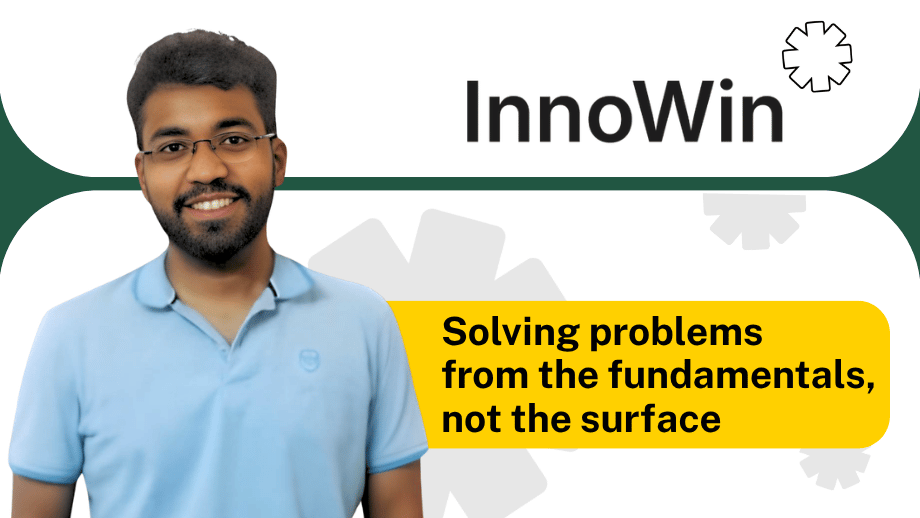 A graphic displaying the InnoWin logo and a color portrait of Deepak Rajmohan wearing a light blue polo shirt. A prominent yellow text block next to him reads, 