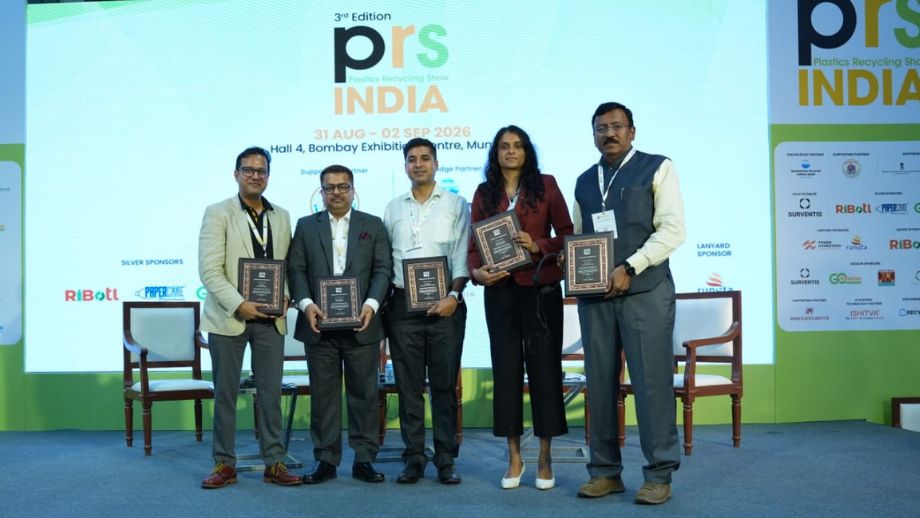Five individuals standing on a stage holding framed certificates at the 3rd Edition Plastics Recycling Show (PRS) India. The backdrop displays the event dates as 31 AUG - 02 SEP 2026 at Hall 4, Bombay Exhibition Centre, Mumbai.